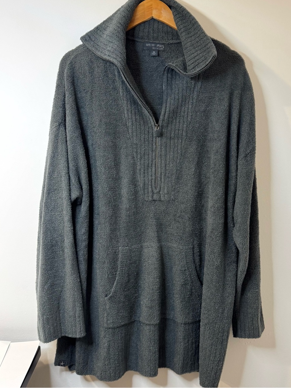 Barefoot Dreams CozyChic Lite Half Zip Tunic Pullover Sweater green/gray 3X
